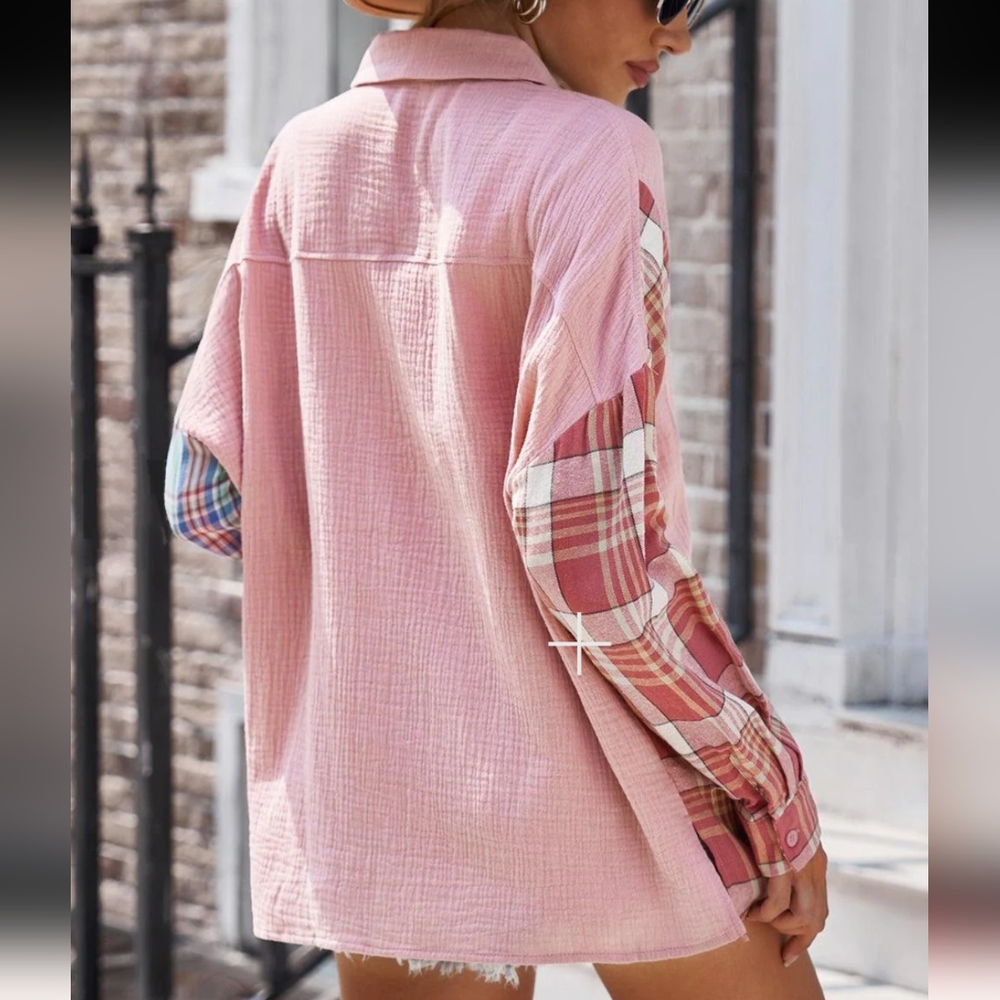 Pastel 100% cotton colour block plaid shirt button collared down oversized small - Picture 5 of 16